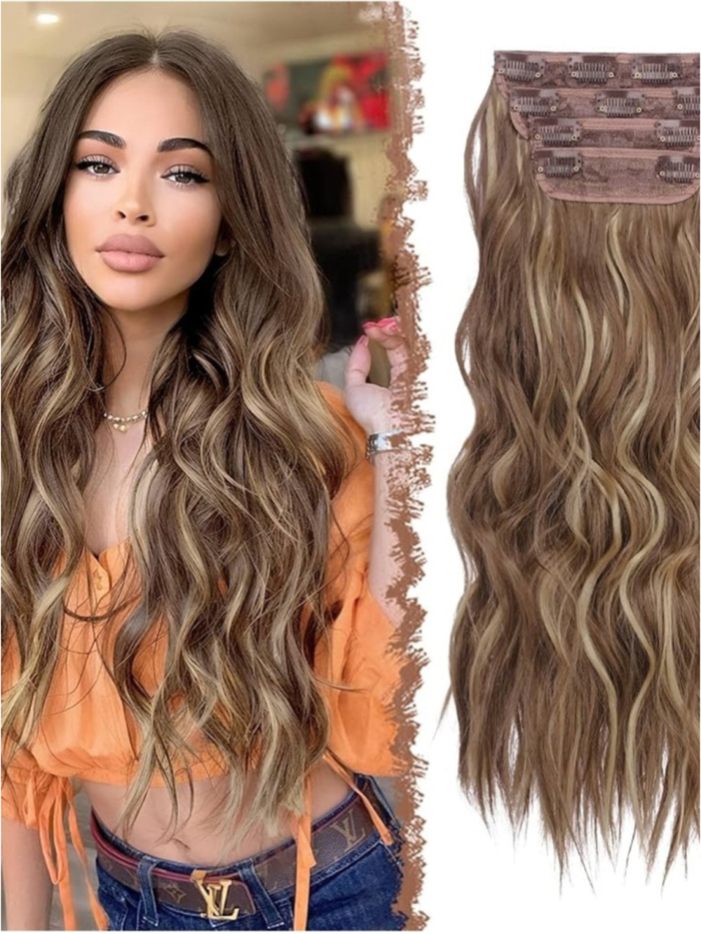 FESHFEN Clip in Hair Extensions 4 PCS Light Brown with Highlights 20”